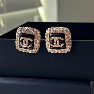 - Chanel Gold Black Crystals Square Post Earrings Like New